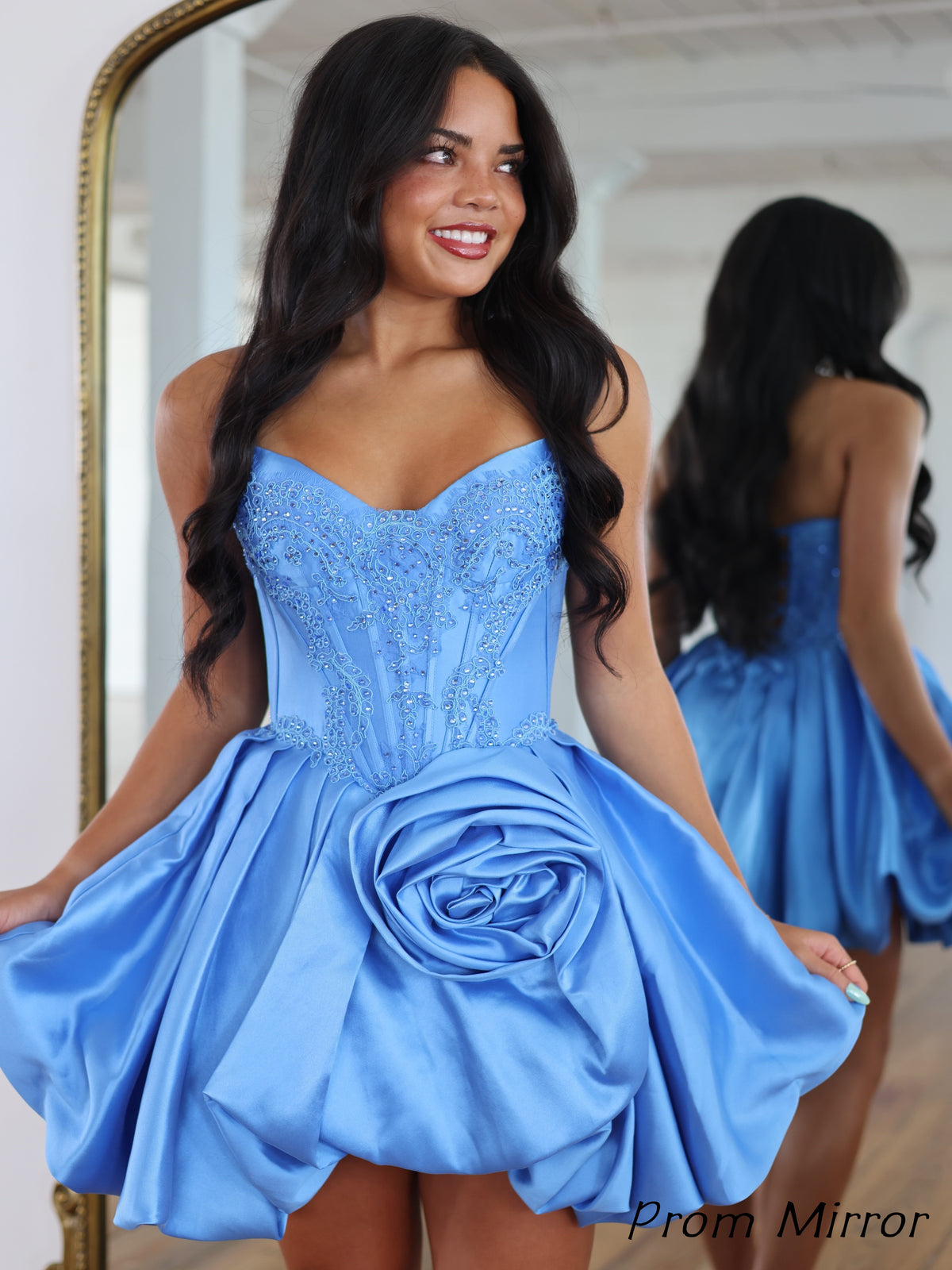 Blue Strapless Appliques Floral Homecoming Dresses Mini Party Dress