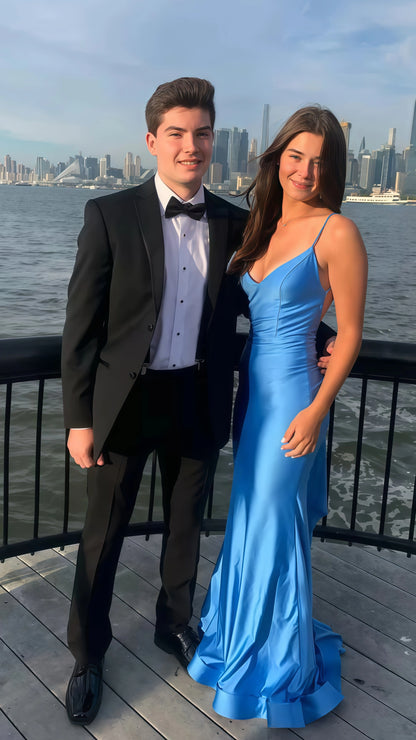 Blue evening dress - mermaid prom gown with elegant open back