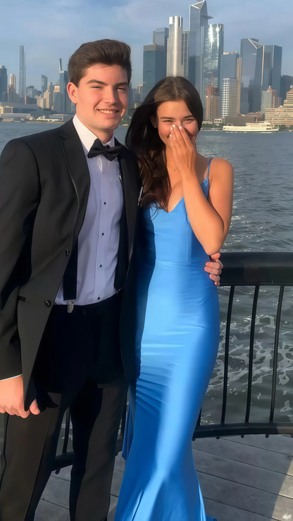 Blue mermaid formal dress - full length view of open back prom gown