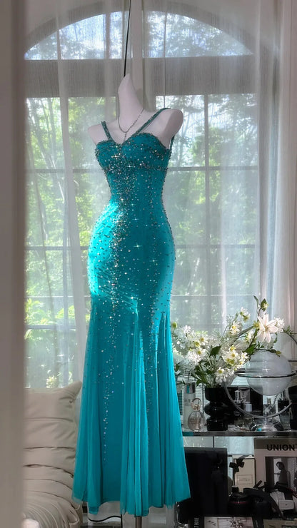 Blue gorgeous exquisite beaded long chiffon Prom dress evening dress party dress
