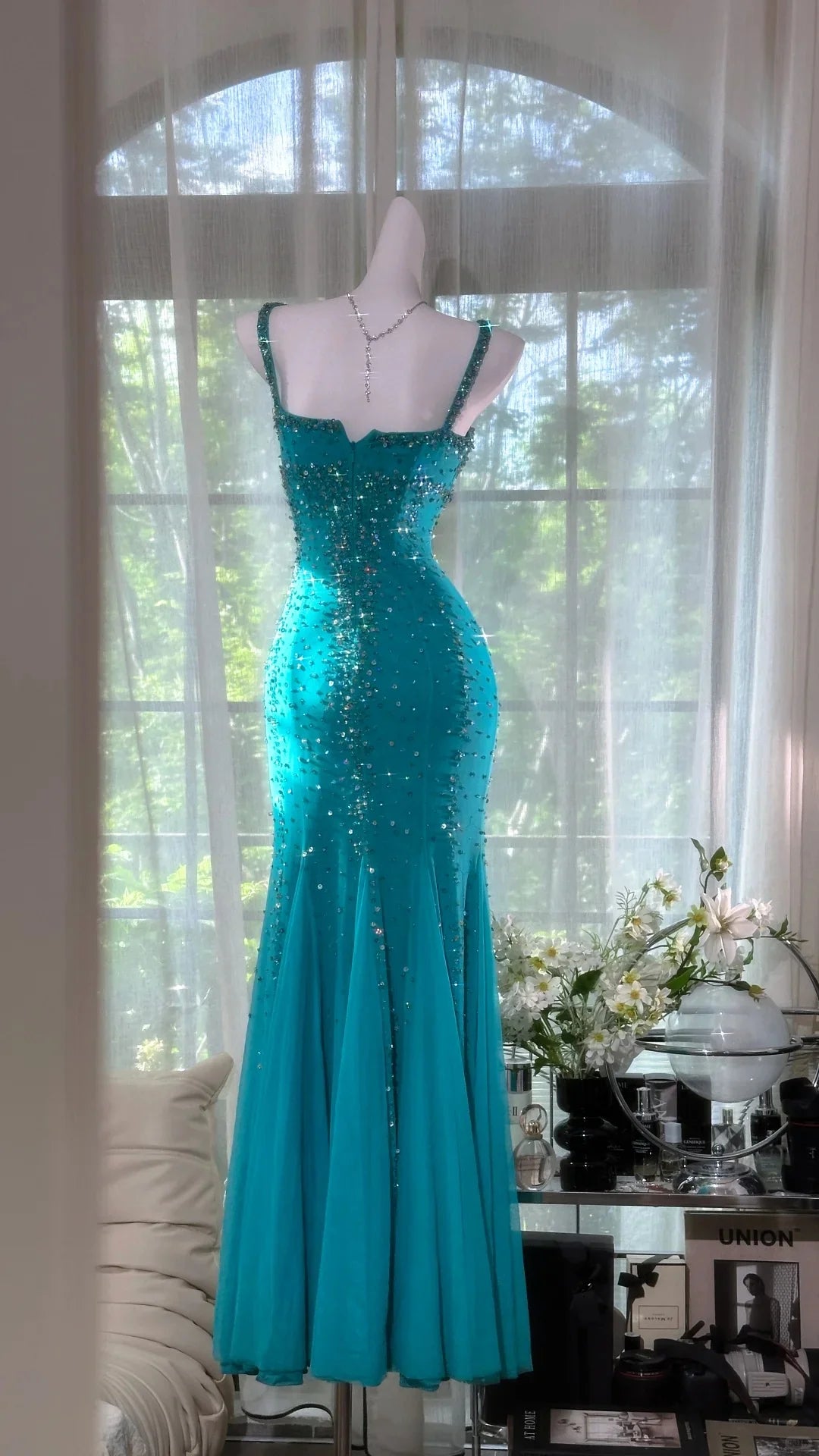Blue gorgeous exquisite beaded long chiffon Prom dress evening dress party dress