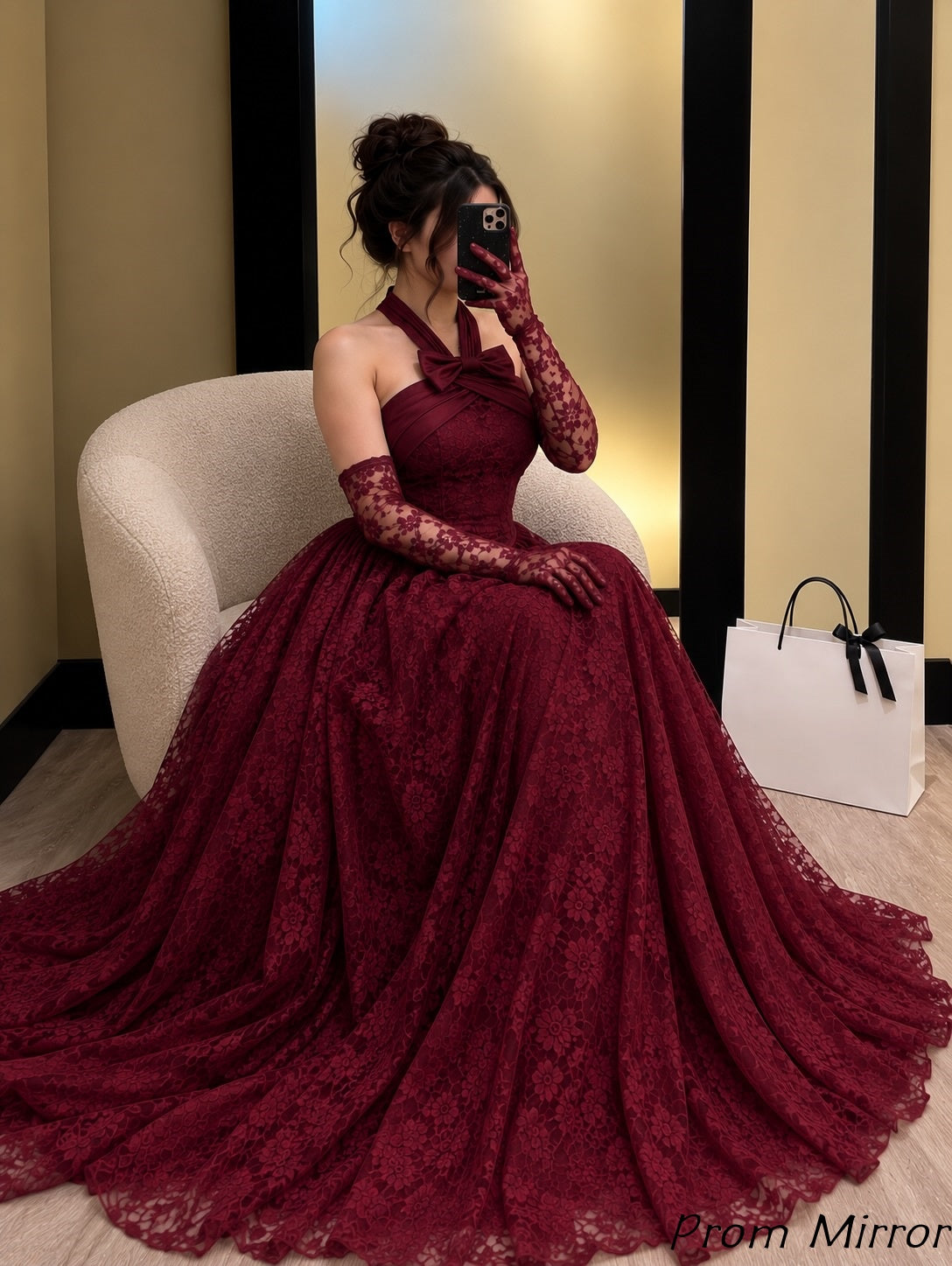 Burgundy A-Line Lace Long Prom Dresses, Evening Dress