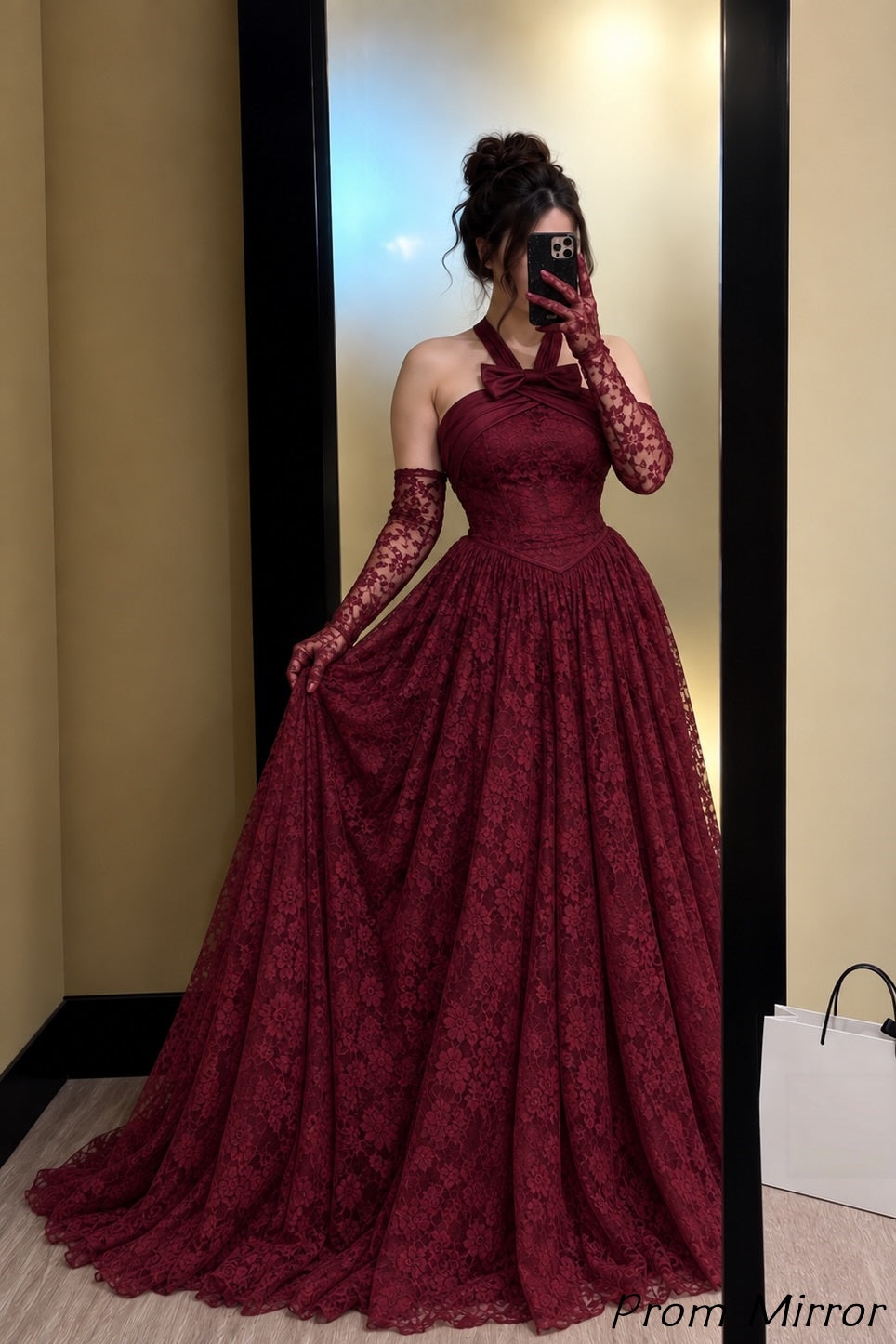 Burgundy A-Line Lace Long Prom Dresses, Evening Dress