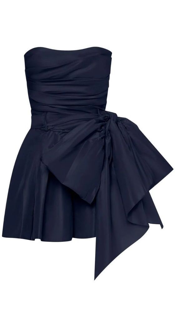 Cute Sheath Strapless Navy Blue Short Satin Homecoming Dresses Cocktail Dress With Bowknot