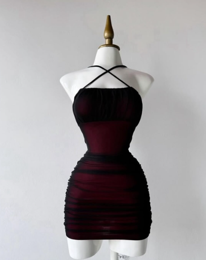 Simple Sheath Halter Black Burgundy Homecoming Dresses Short Cocktail Dress With Ruffles