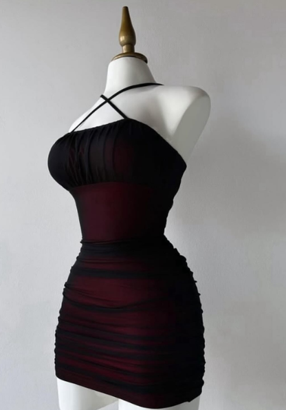 Simple Sheath Halter Black Burgundy Homecoming Dresses Short Cocktail Dress With Ruffles