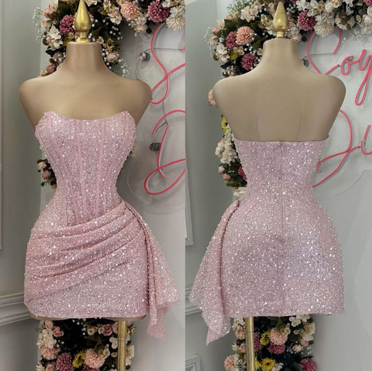 Cheap Sheath Strapless Pink Sequin Homecoming Dresses Short Birthday Outfits