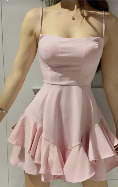 Classy A Line Spaghetti Straps Pink Satin With Ruffle Hem Short Homecoming Dress 18th Birthday Outfits