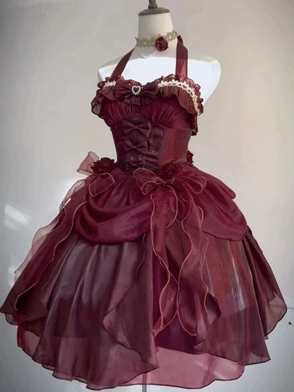 Retro Ball Gown Halter Burgundy Chiffon With Bow Mini Short Homecoming Dress 19th Birthday Outfits