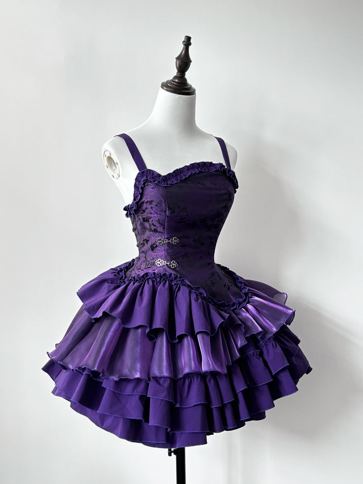 Dark Purple Ball Gown Spaghetti Straps Satin Tiered Mini Short Homecoming Dress 18th Birthday Outfits