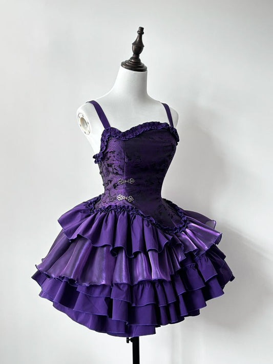 Dark Purple Ball Gown Spaghetti Straps Satin Tiered Mini Short Homecoming Dress 18th Birthday Outfits
