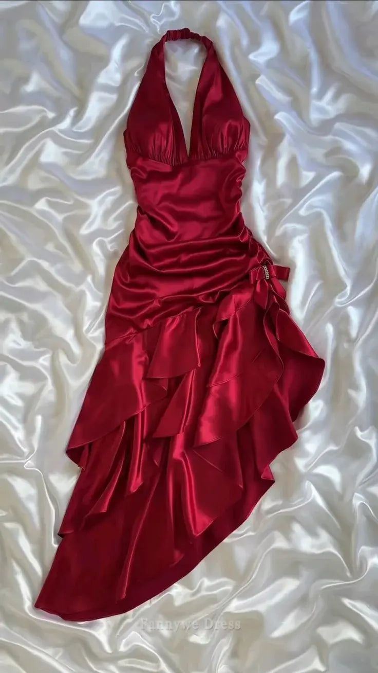 Elegant A Line Halter Burgundy Satin Short Homecoming Dress 19th Birthday Outfits