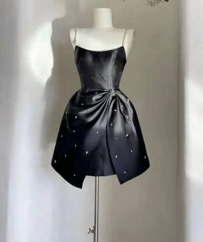 Cute A Line Spaghetti Straps Black Satin Beads Short Homecoming Dress 18th Birthday Outfits