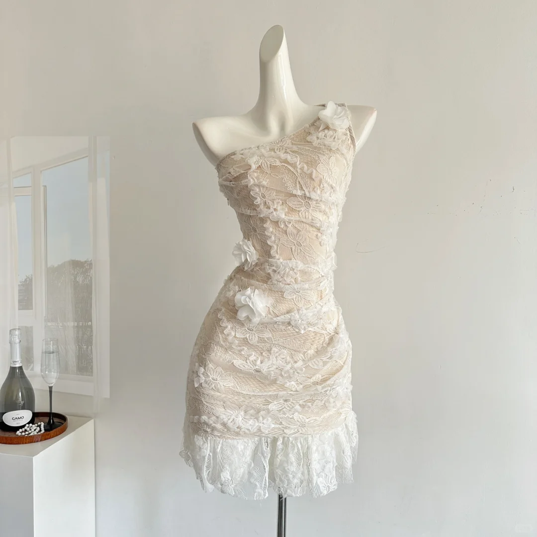 Pretty Mermaid One Shoulder Lace Short Homecoming Dress 20th Birthday Outfits
