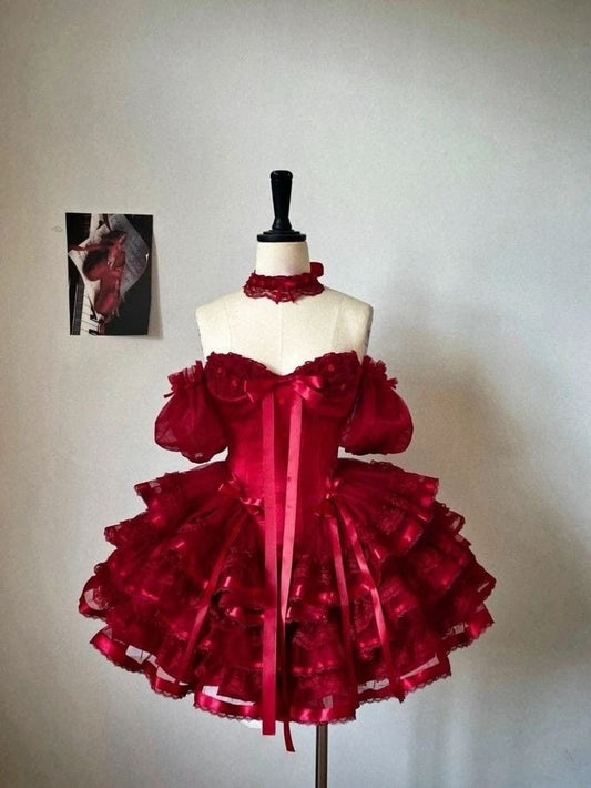 Vintage Ball Gown Red Off The Shoulder Layer Satin Lace Short Homecoming Dress 16th Birthday Outfits