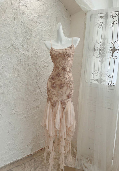 Romatic Mermaid Spaghetti Straps Lace With Chiffon Ruffle Hem Short Homecoming Dress 22th Birthday Outfits