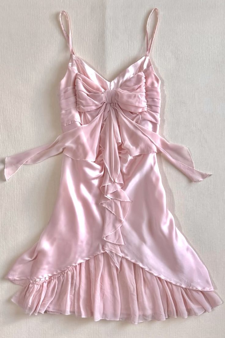 Cute A line Spaghetti Straps Pink Satin Chiffon Bow Ruffle Short Homecoming Dress 17th Birthday Outfits