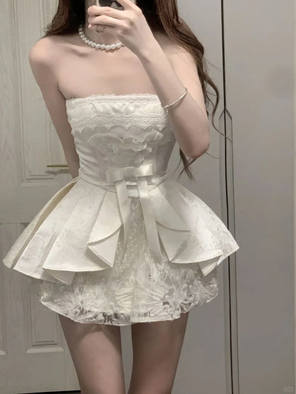 Cute A Line Strapless Satin Lace Short Homecoming Dress 19th Birthday Outfits