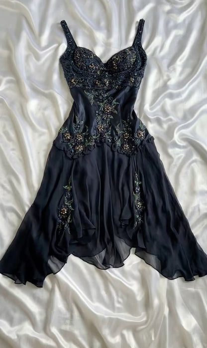 Vintage A Line Spaghetti Straps Satin Chiffon Beads Applique Short Homecoming Dress 22th Birthday Outfits