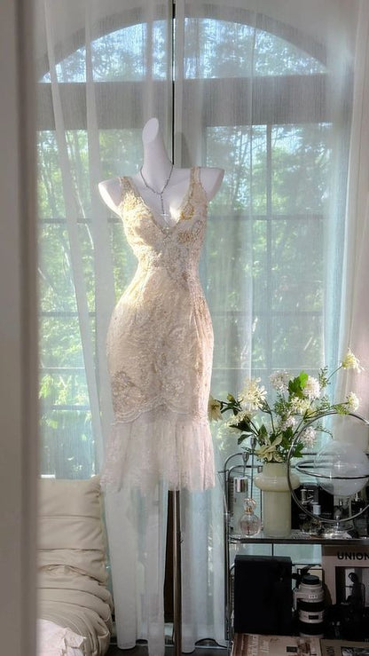 Gorgeous Mermaid V Neck Tulle Lace Short Homecoming Dress 21th Birthday Outfits