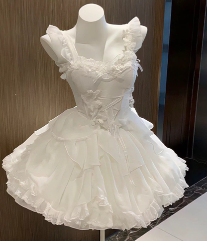 Princess Ball Gown White Spaghetti Straps Ruffles Chiffon Lace Short Homecoming Dress 16th Birthday Outfits