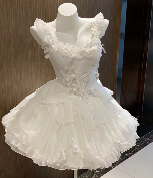 Princess Ball Gown White Spaghetti Straps Ruffles Chiffon Lace Short Homecoming Dress 16th Birthday Outfits