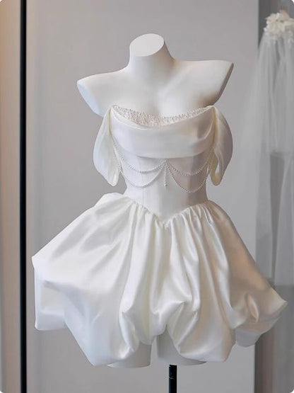Pretty Ball Gown Off The Shoulder Satin Beads Short Homecoming Dress 18th Birthday Outfits