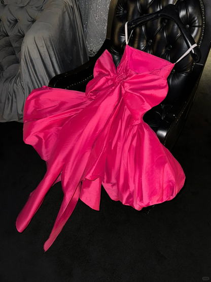 Hot Pink Ball Gown Spaghetti Straps Satin Back With Bow Short Homecoming Dress 18th Birthday Outfits