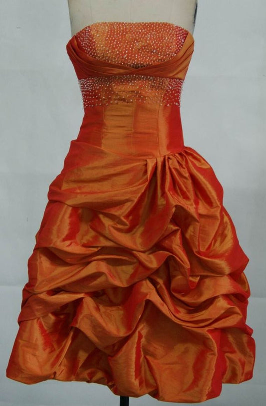 Vintage A Line Orange Strapless Pleated Satin Beads Short Homecoming Dress 18th Birthday Outfits