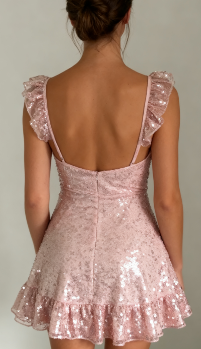 Sparkly Pink A Line Spaghetti Straps Tulle Sequin Short Homecoming Dress 19th Birthday Outfits