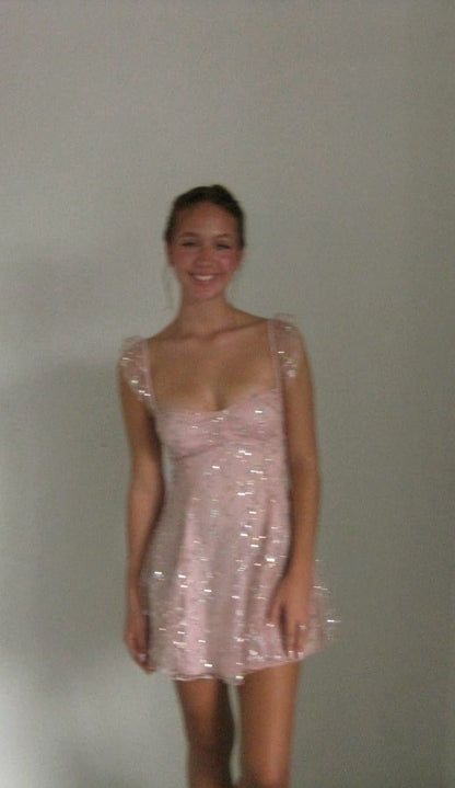 Sparkly Pink A Line Spaghetti Straps Tulle Sequin Short Homecoming Dress 19th Birthday Outfits