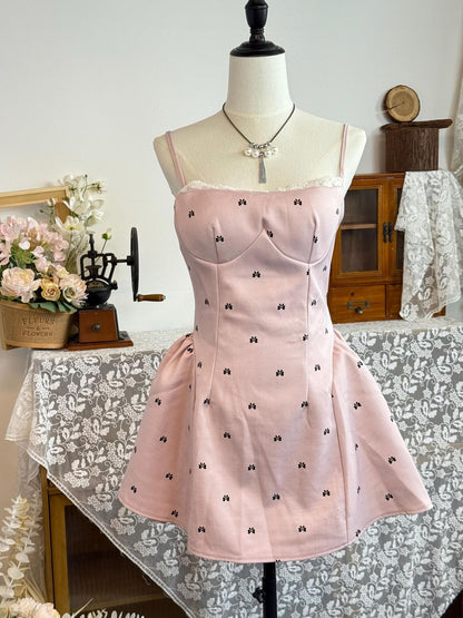 Cute Printed Bow Pink Satin A Line Spaghetti Straps Short Homecoming Dress 18th Birthday Outfits