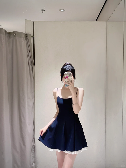 Navy Elegant A Line Spaghetti Straps Satin Short Homecoming Dress 17th Birthday Outfits