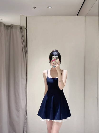 Navy Elegant A Line Spaghetti Straps Satin Short Homecoming Dress 17th Birthday Outfits