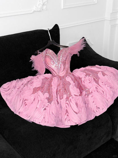 Gorgeous A Line Off The Shoulder Pink Tulle Beaded Short Homecoming Dress 19th Birthday Outfits