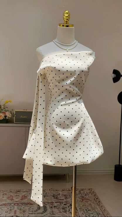 Chic A Line Off The Shoulder Polka Dots Satin Short Homecoming Dress 19th Birthday Outfits