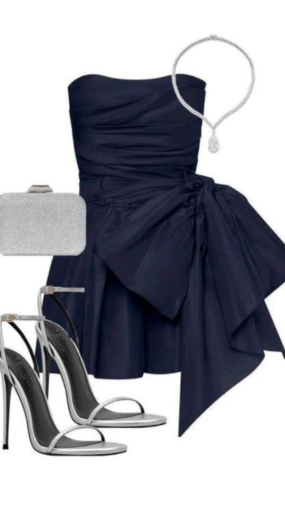 Chic A line Satin Strapless Short Navy Blue Homecoming Dress 20th Birthday Outfits