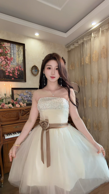 Charming Strapless A-Line Ivory Mini Homecoming Dress Sequins Tulle Short Birthday Dress