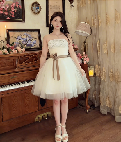 Charming Strapless A-Line Ivory Mini Homecoming Dress Sequins Tulle Short Birthday Dress