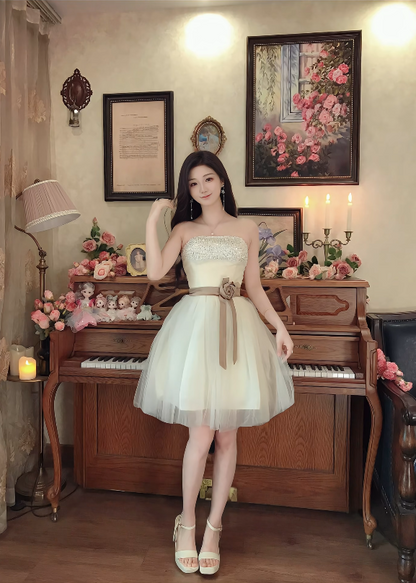 Charming Strapless A-Line Ivory Mini Homecoming Dress Sequins Tulle Short Birthday Dress