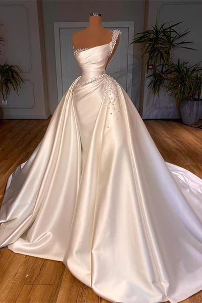 PM560,Fabulous One Shoulder White Satin Wedding Dresses, Pearl Beading Overskirt Bridal Gown On Sale