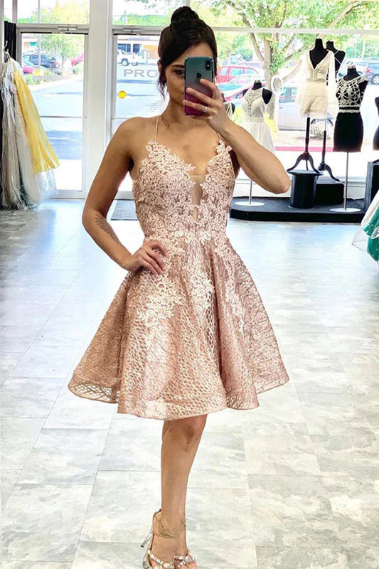 Champagne Halter Applique Homecoming Dress