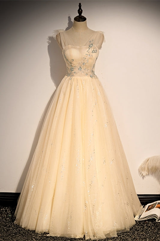 Champagne A-line Tulle Long Party Dress