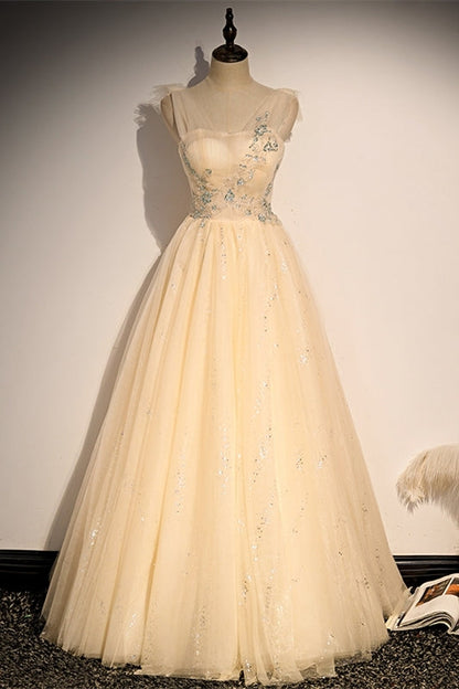 Champagne A-line Tulle Long Party Dress