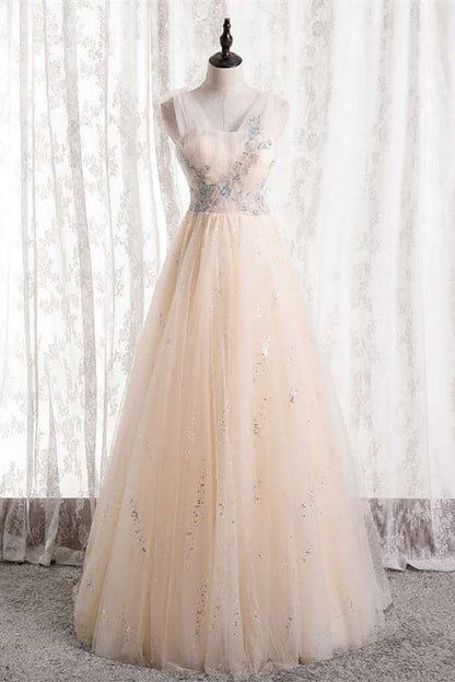 Champagne A-line Tulle Long Party Dress