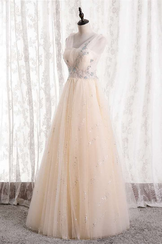 Champagne A-line Tulle Long Party Dress