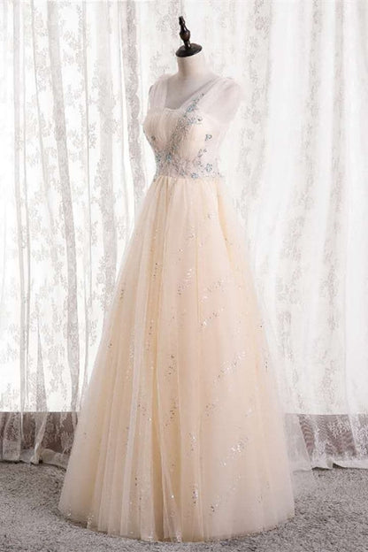 Champagne A-line Tulle Long Party Dress