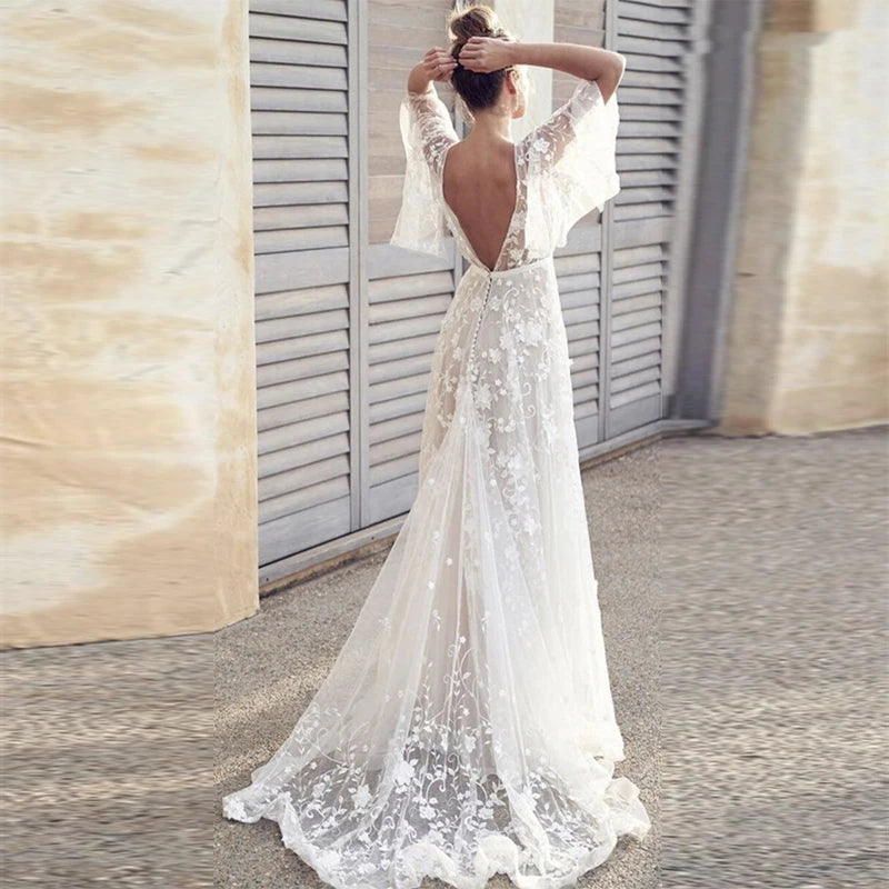 Popular White Lace Open Back Wedding Gown With Cap Sleeves