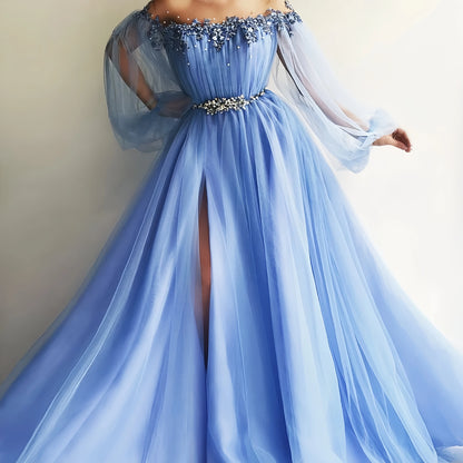 Charming A-Line Tulle Long Prom Dress Evening Formal Gown