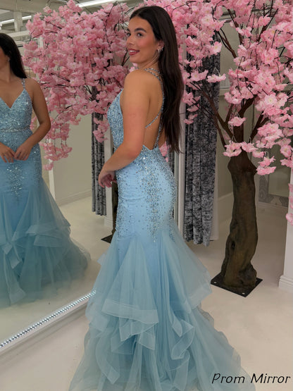 Charming Light Blue Mermaid Prom Dresses, Beaded Tulle Ruffles Formal Gown